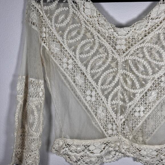 Antique Edwardian Net Lace Blouse Floral Embroidery Crochet Silk Cotton 1900s - Picture 3 of 16